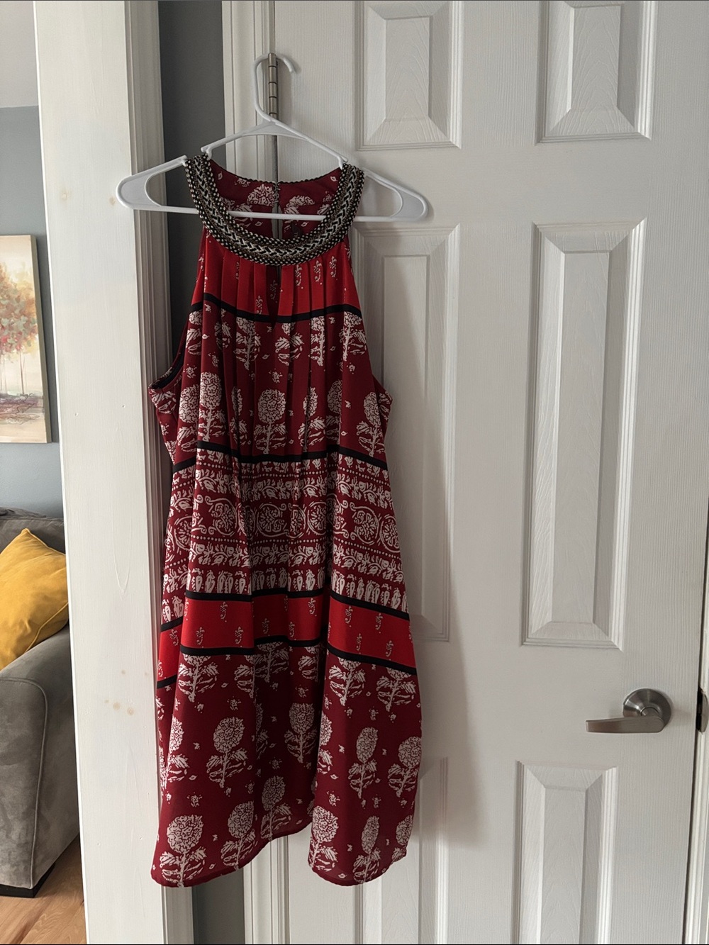 Anthropology Red Rust Black Floral Print lined Halter Dress with Beaded Neckline